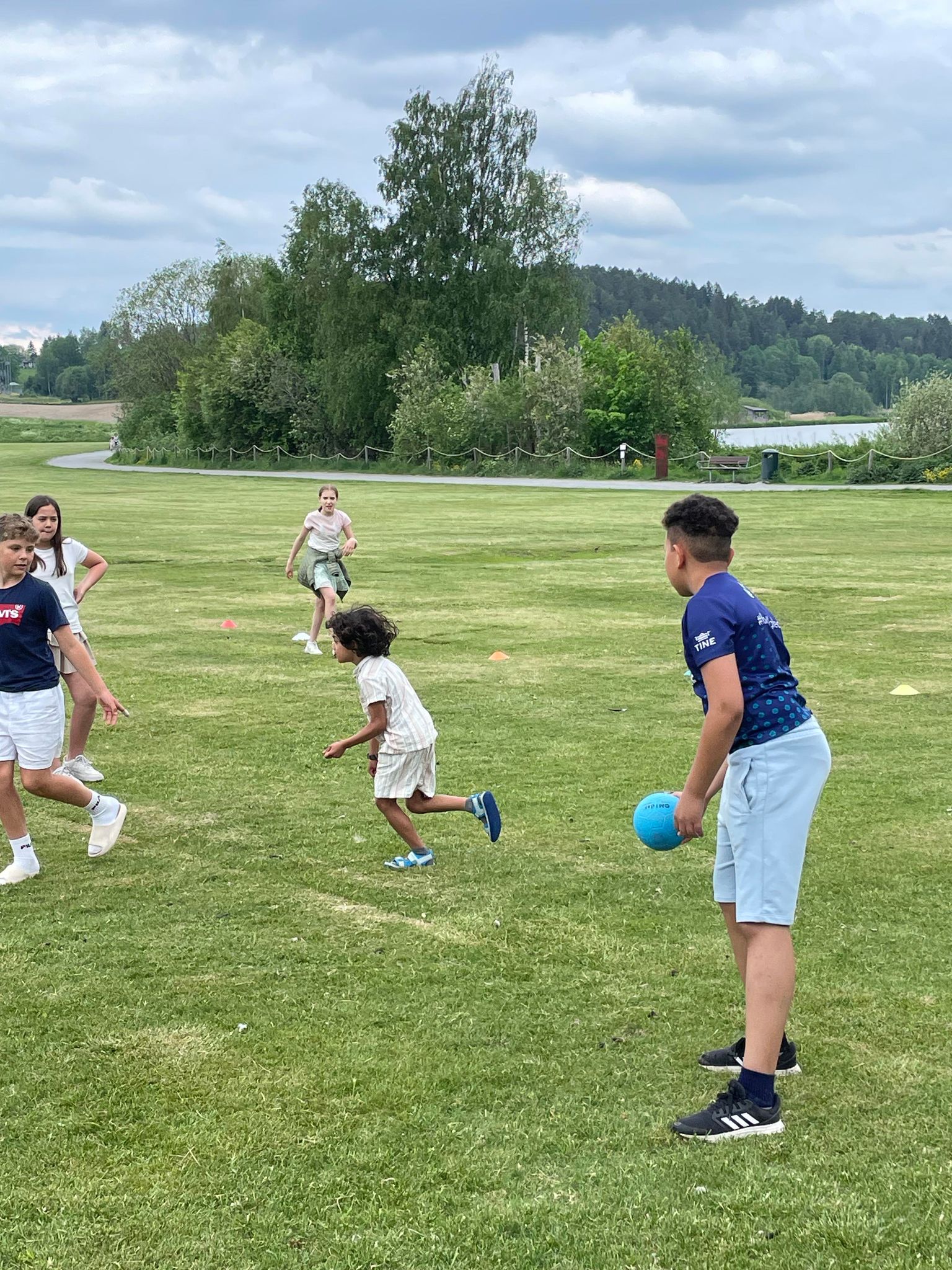 en gruppe barn som leker med en ball på et jorde