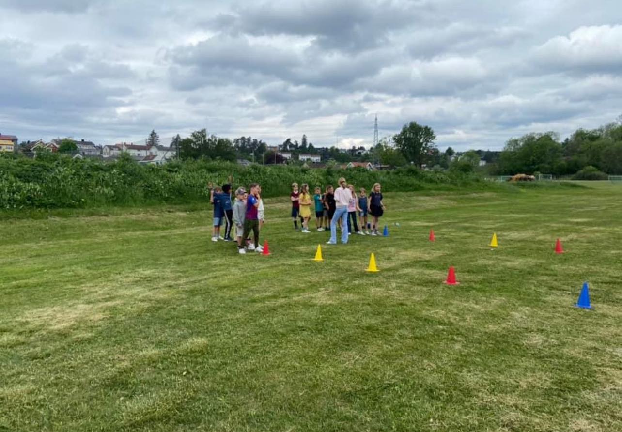 En gruppe mennesker som står på en gresslette med kjegler og overskyet himmel
